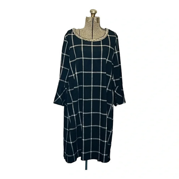 PER SEPTION WOMEN'S BLACK‎ AND WHITE PLAID LONG SLEEVE DRESS JEWEL NECKLINE 1X - Picture 1 of 7
